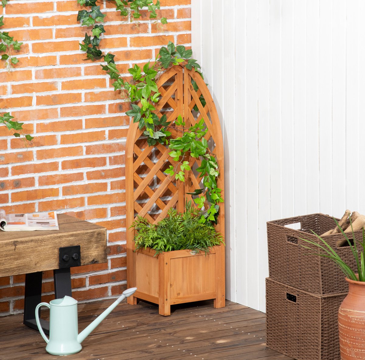 COVREO Plantenbak 32x32x108 cm bruin, van hout met klimrek