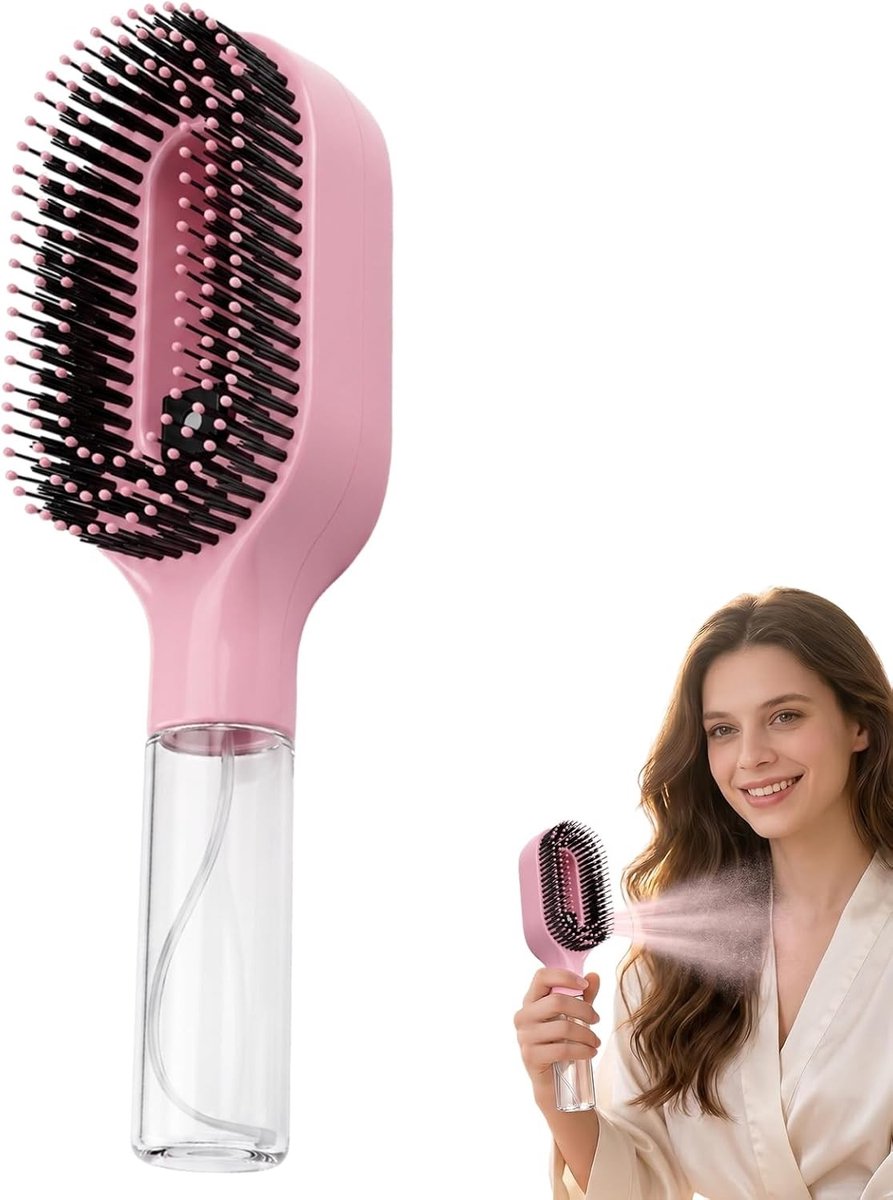 2-in-1 Haardroger Borstel met Sprayfunctie voor Krullend Haar, Ontklitten en Stylen, Draagbare Ronde Borstel voor Perfecte Krullen en Volume