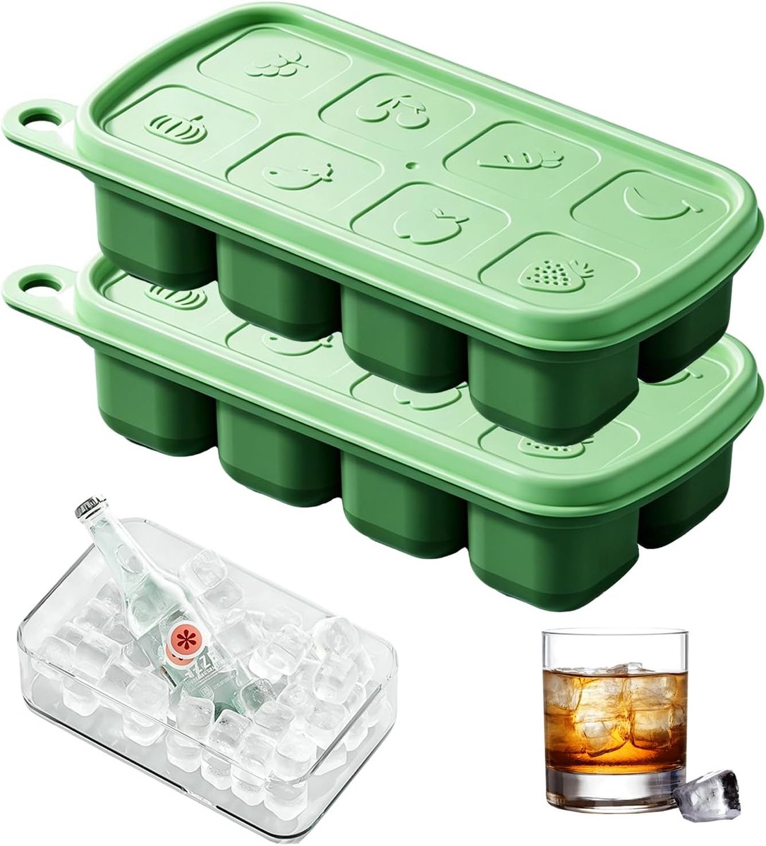 KZQ siliconen ijsblokjesvormen - 2 schattige siliconen ijsblokjesvormen - Met deksel - BPA-vrij, gemakkelijk te ontvormen - Geschikt voor whisky, cocktails, babyvoeding, feestjes - Donkergroen - 15 x 4 x 7 cm