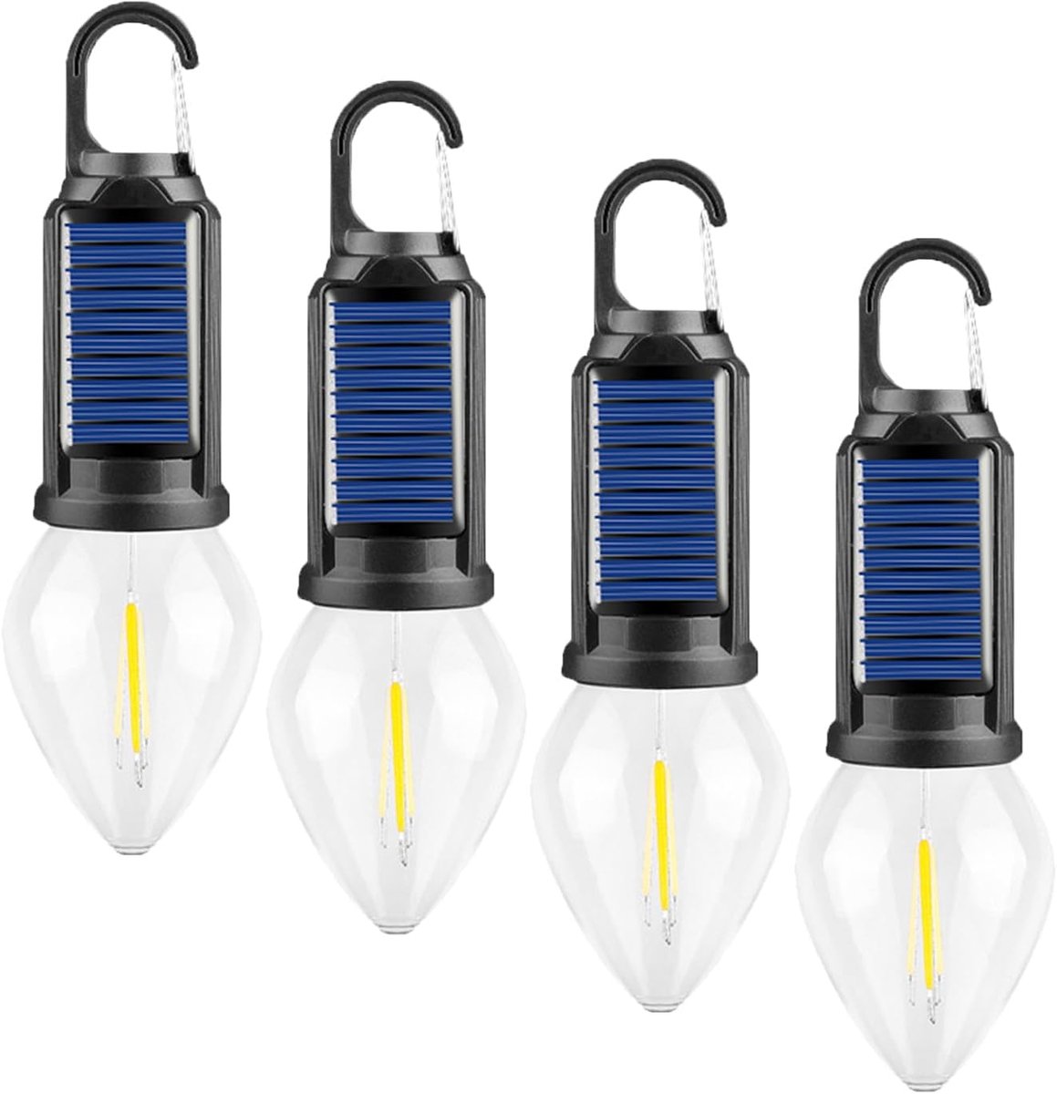 Kampeertentlamp - Zonne-energie Campinglamp - 4 stuks - 18×6cm - Oplaadbare Draagbare Led-lantaarn - 3 Lichtstanden - Tungsten Licht - Tentlamp met Haak en Klem - Geschikt voor Kamperen, Wandelen en Noodgevalle