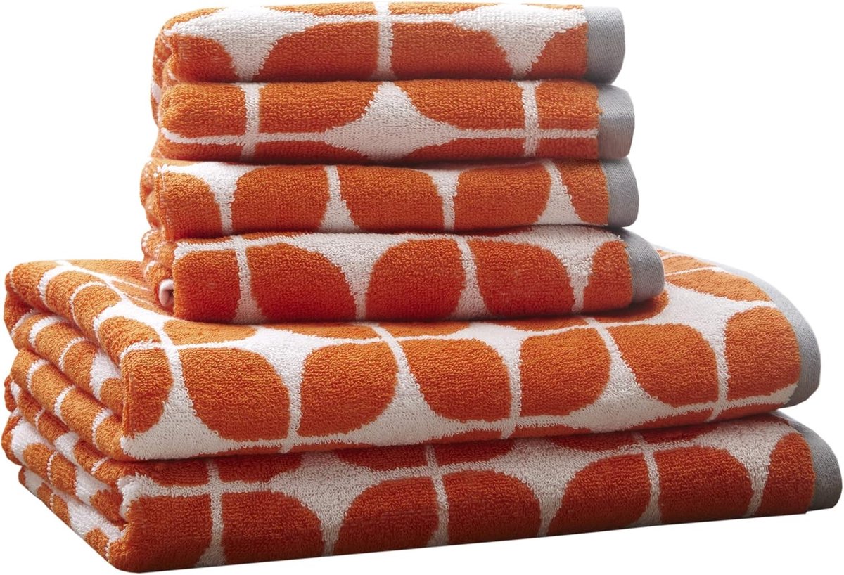 SnelShoppen - Lita Badhanddoeken Set van 6 Stuks, Jacquard Hoog Absorberend, 100% Katoen, Sneldrogend, Hotelkwaliteit, Geometric Patroon, Oranje Grijs