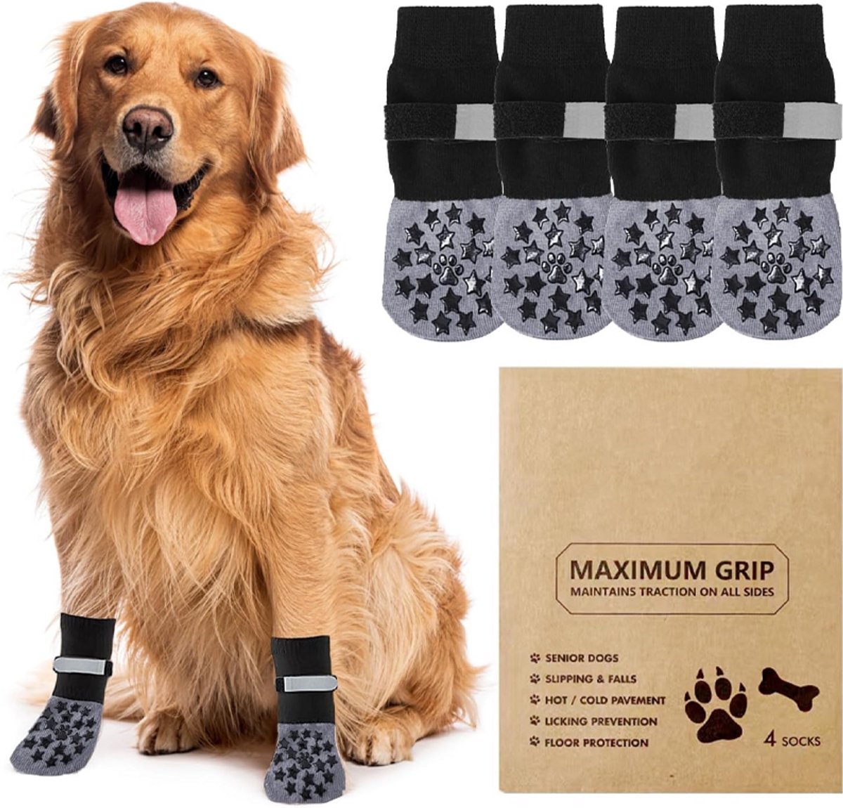 Set van 4 - Antislip hondensokken - Beschermende schoenen voor honden - Schoenen en sokken voor huisdieren - Bescherming voor de poten - Geschikt voor binnen- en buitengebruik en hardhouten of tegelvloeren - Maat M - 16*6.5 cm - Zwarte sterren