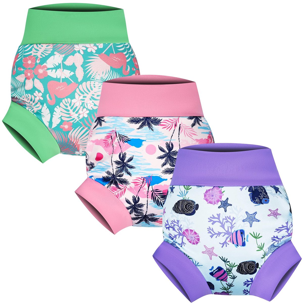 SnelShoppen - Wasbare en herbruikbare badluiers set van 3, zwemluiers voor kinderen, tropisch trio, 1-2 jaar, eco-vriendelijk, comfortabel en kleurrij