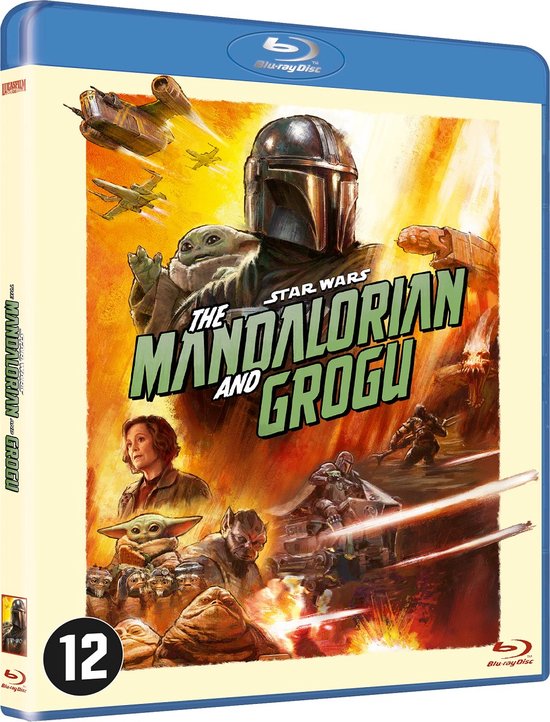 Blu-ray cover van Star Wars: The Mandalorian and Grogu. Met de Mandalorian, Grogu en andere personages.