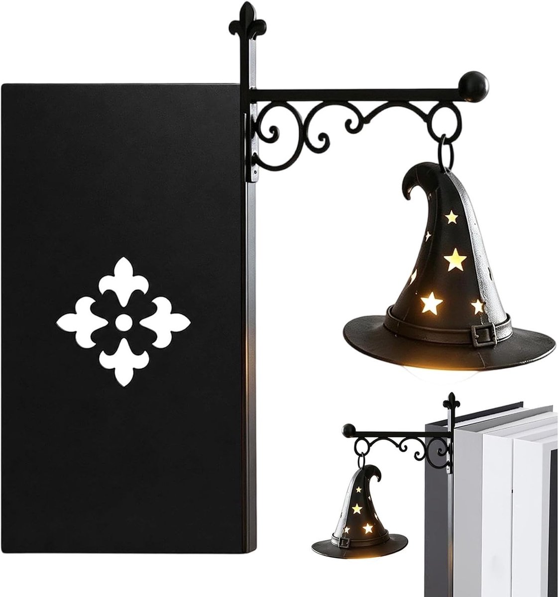 Boekensteunlamp Metaal | Hoedstijl | Vintage Bibliotheeklantaarn met Warm LED-Licht | Decoratieve Boekenplankverlichting | Retro Leeslamp voor Boekenhoek Cadeau voor Boekenliefhebbers | Halloween | Halloweenversieringen
