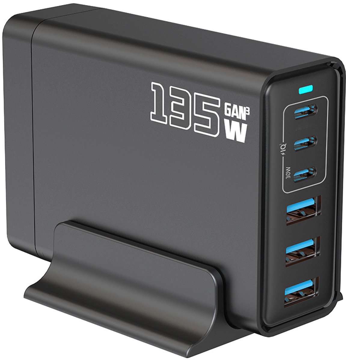 Zwarte 135W Multi-Poort USB-C Snellader (EU) – 30W PD voor MacBook Air M4, Geschikt voor MacBook Pro, iPad, iPhone 16/15, Samsung