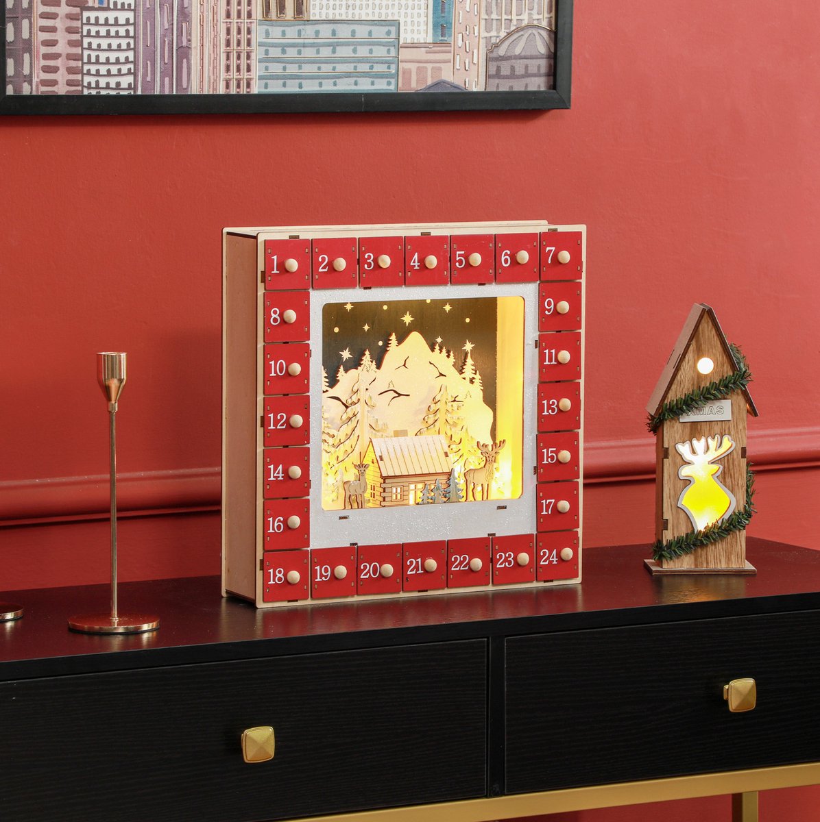 COVREO Adventskalender 34 x 7 x 34 cm rood, MDF met 24 lades en LED