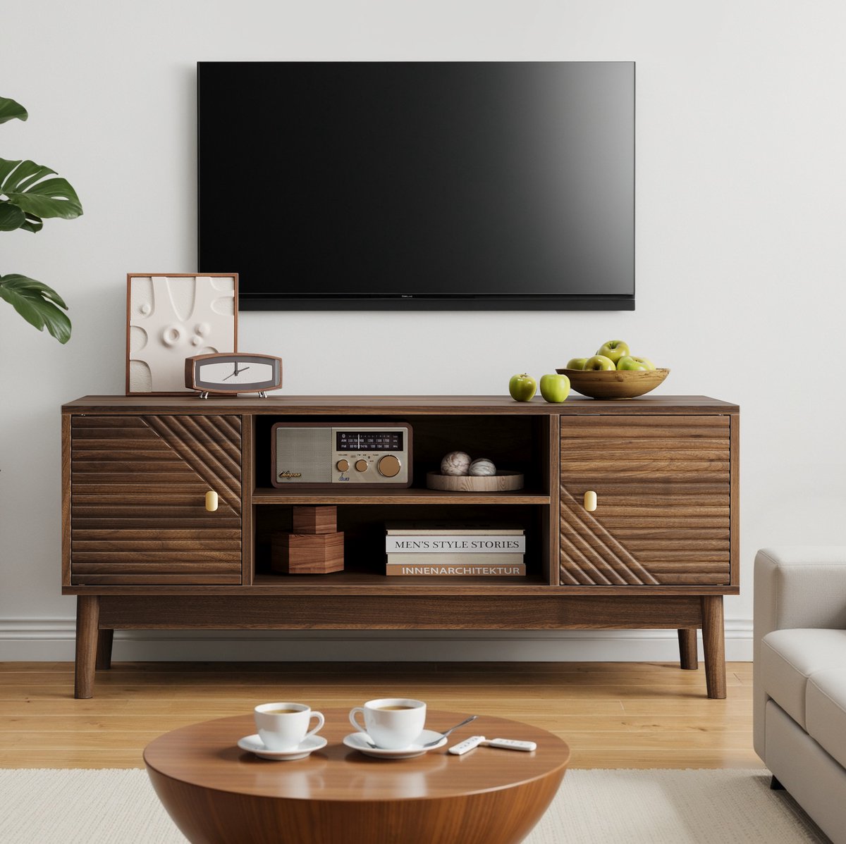 FloraGrace Tv-Meubel - Retro Design Met 2 Deuren En Open Opbergvak - Voor Woonkamer En Slaapkamer - Houtlook MDF - 110x40x48 cm - Walnoot