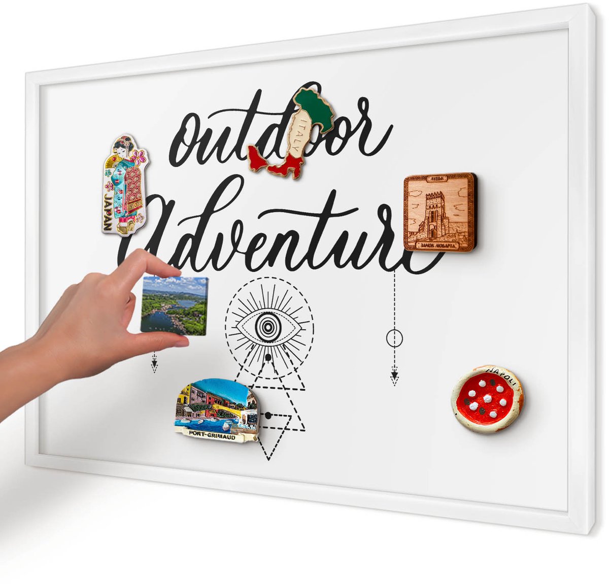 Artprintcave Wit Magneetbord mit Witte Lijst - 60x40 cm - Buitenavontuur Magneetbord Voor Keuken - Typografisch Bord Voor Magneten - Teksten