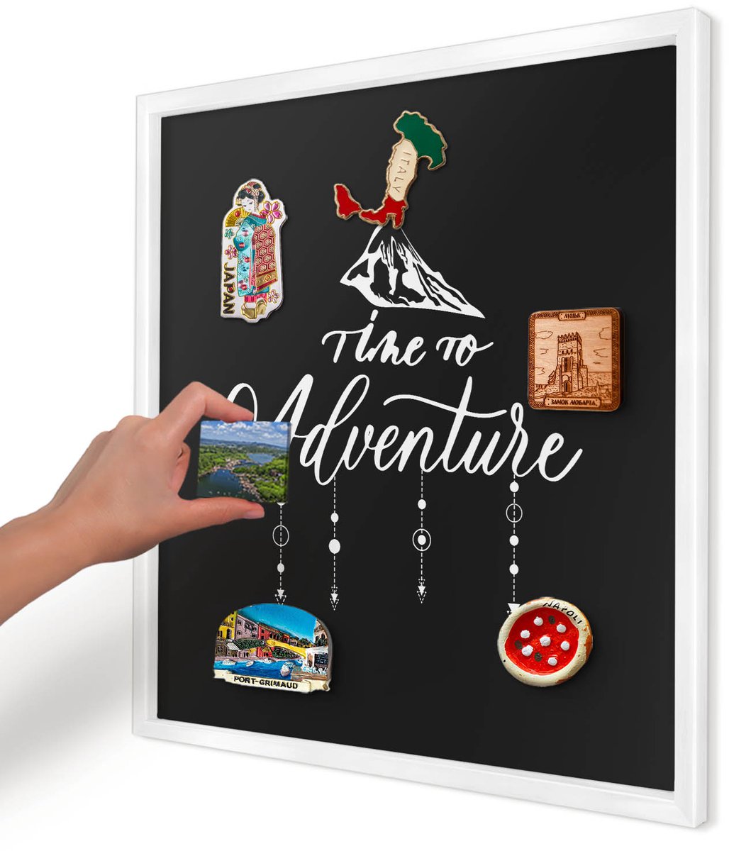 Artprintcave Zwart Magneetbord mit Witte Lijst - 50x50 cm - Avontuur Wacht. Magneetbord Voor Keuken - Modern Bord Voor Magneten - Teksten