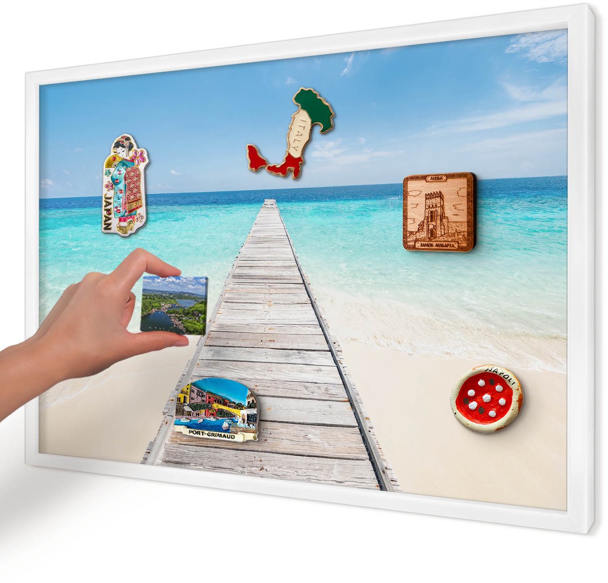 Artprintcave Blauw Magneetbord mit Witte Lijst - 60x40 cm - Ocean Pier Notitiebord - Minimalist Magnetisch Bord Voor Magneten - Landschappen