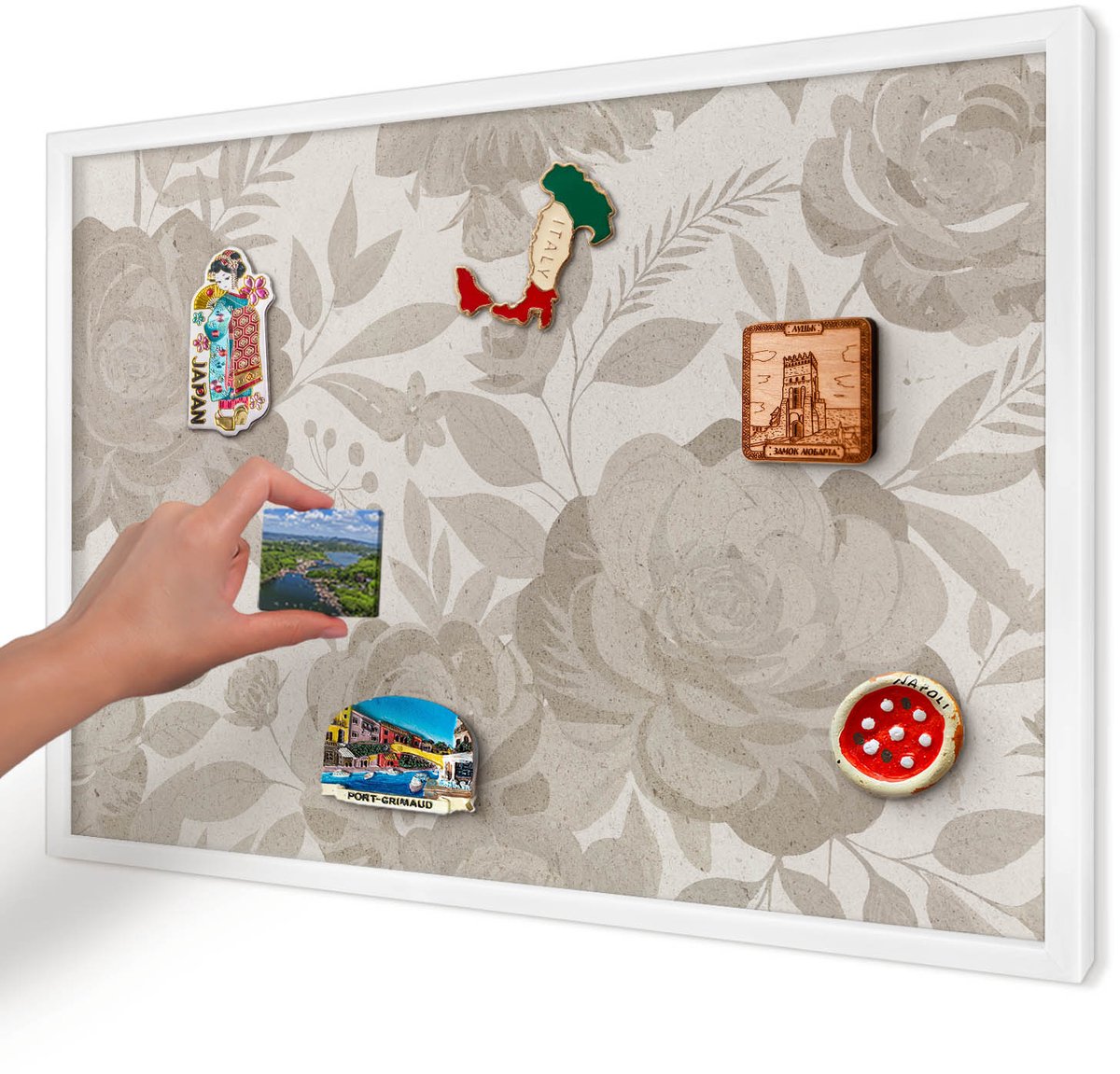 Artprintcave Beige Magneetbord mit Witte Lijst - 60x40 cm - Vintage Bloemen Notitiebord - Vintage Bord Voor Magneten - Bloemen En Planten