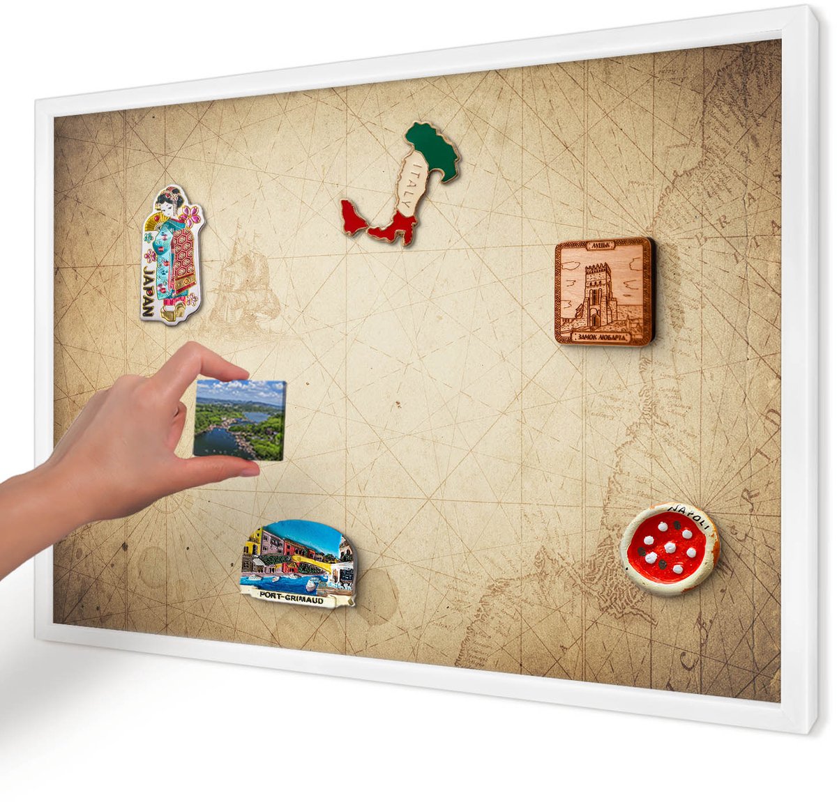 Artprintcave Beige Magneetbord mit Witte Lijst - 60x40 cm - Oude Kaart Bord Voor Magneten - Vintage Magnetische Organizer - Kaarten
