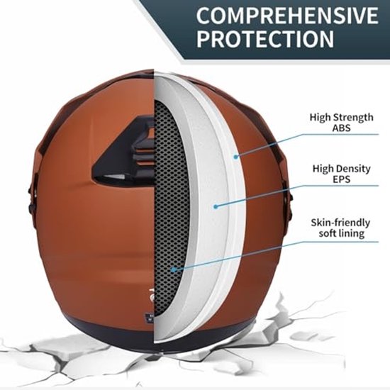 Bruine helm, doorsnede toont High Strength ABS, High Density EPS en zachte voering.