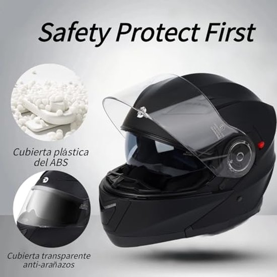 Matzwarte systeemhelm met helmkap van ABS-kunststof, krasbestendig vizier, donker zonnevizier en 'Safety Protect First' tekst.