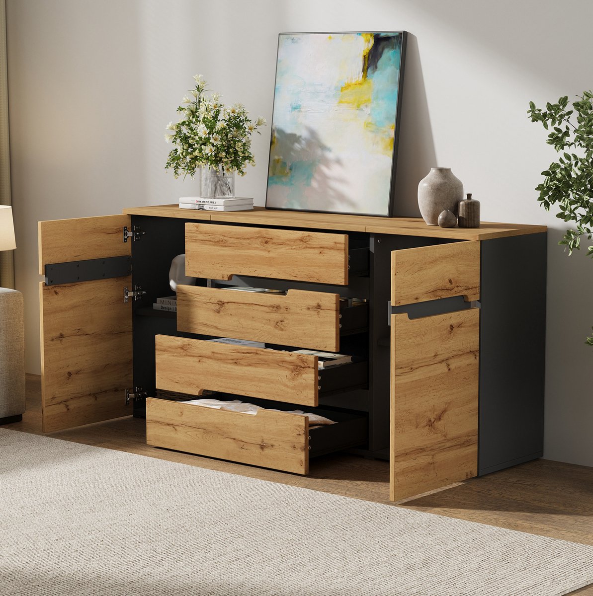 FloraGrace Dressoir Met 2 Deuren En 4 Lades - Ruime Opbergkast Voor Woonkamer En Eetkamer - Houtkleur En Zwart - 160x40x80 Cm