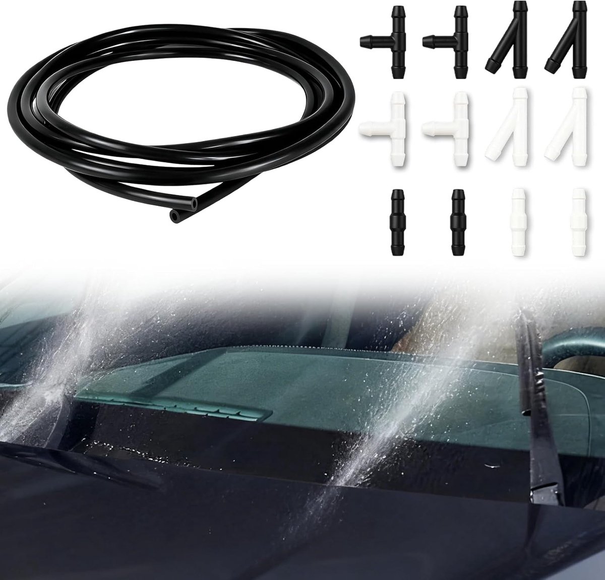 SnelShoppen - Windscreen Wiper Hose 4 Meter Lang, Universele Reparatieset met 14 Aansluitingen (T, Hoekig, Recht), Lekvrij en Eenvoudig te Installeren