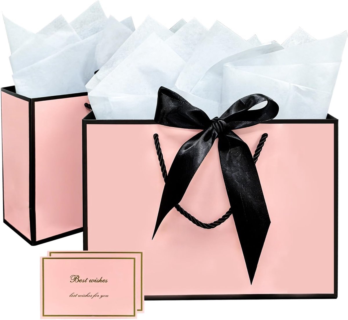 SnelShoppen - Roze Cadeauzakje voor Geschenken, Met Hengsels, 2 Stuks, Inclusief Wenskaarten, Zijdepapier en Linten voor Verjaardagen, Bruiloften en J