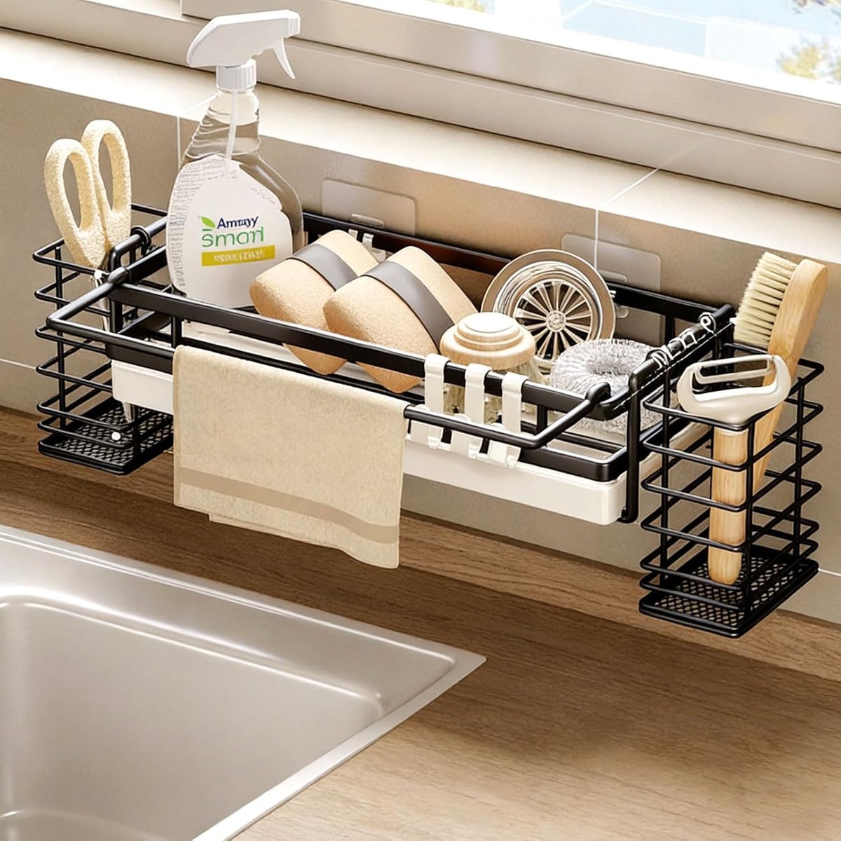 SnelShoppen - Hangende Keuken Sink Organiser met Afvoerpaan, 2 Haken, Metaal, Organizer als Sponshouder, Afwasborstelhouder zonder Boren, Zelfklevend