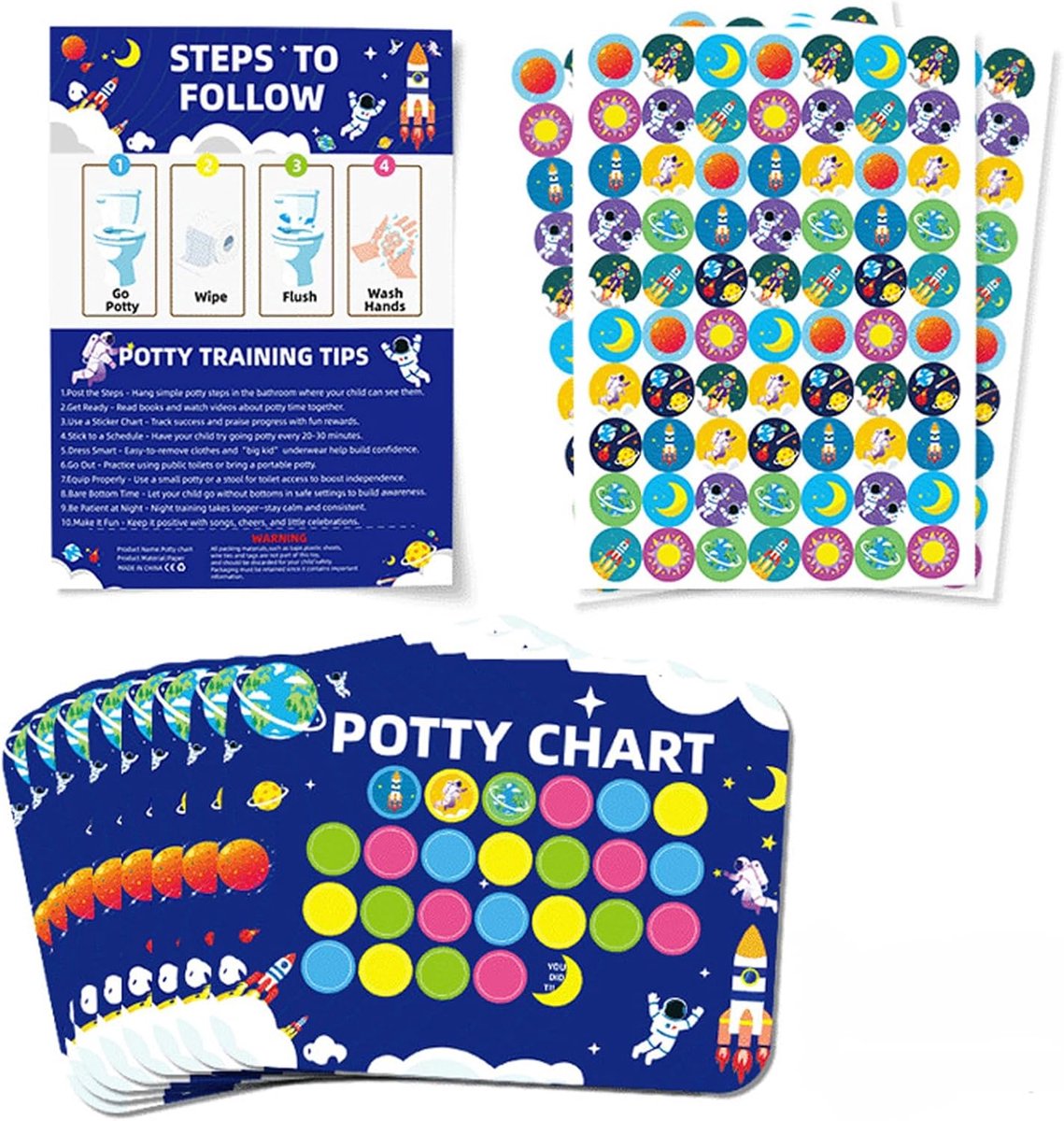 SnelShoppen - 10 Bladen Potty Training Beloningskaarten met 210 Stuks Stickers voor Peuters Kinderen (Astronaut Thema)