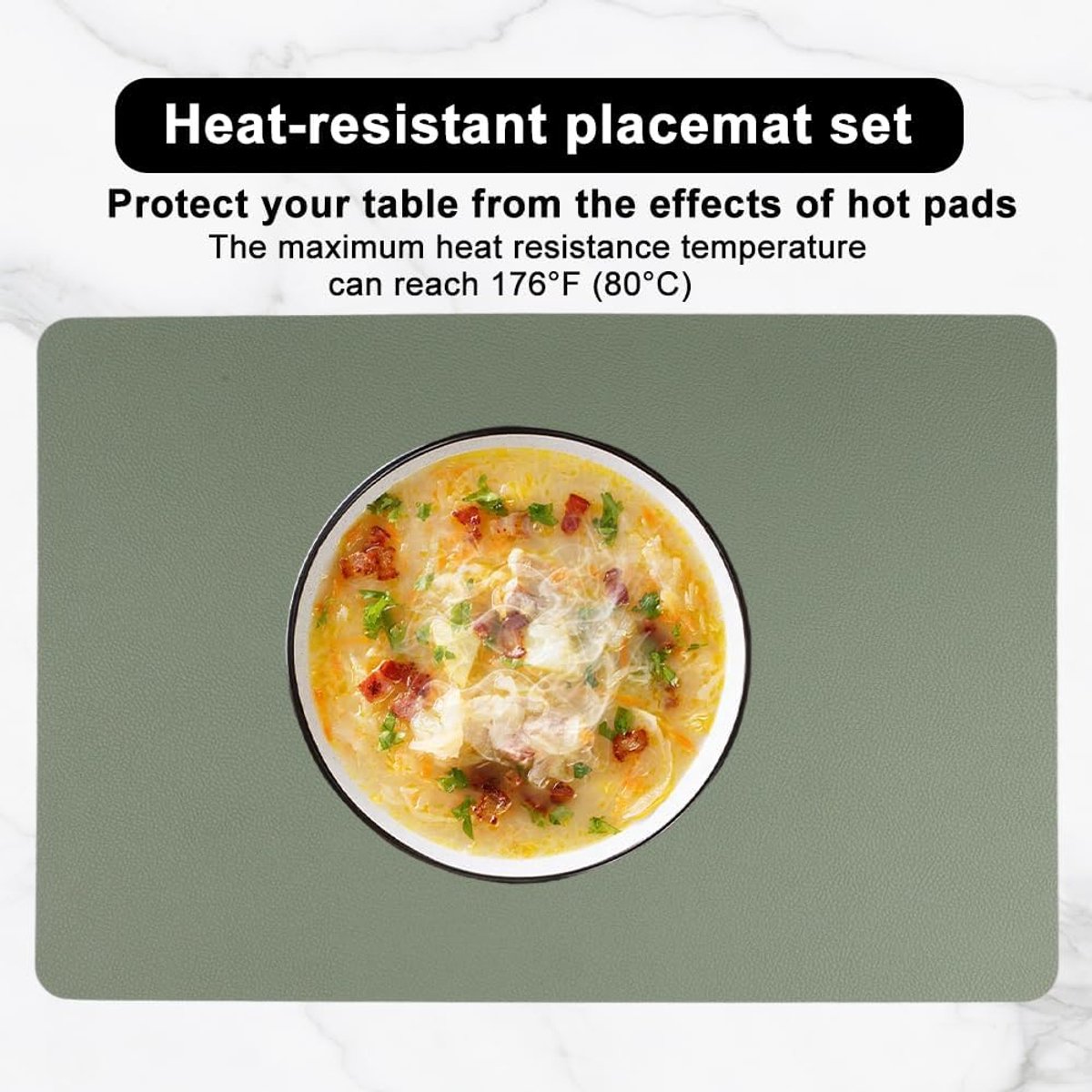 Set of 6 Placemats, Washable with Coaster, Heat-Resistant, Double-Sided, Non-Slip Leather Look, 43 x 30 cm (Black Grey) - ShopVlot