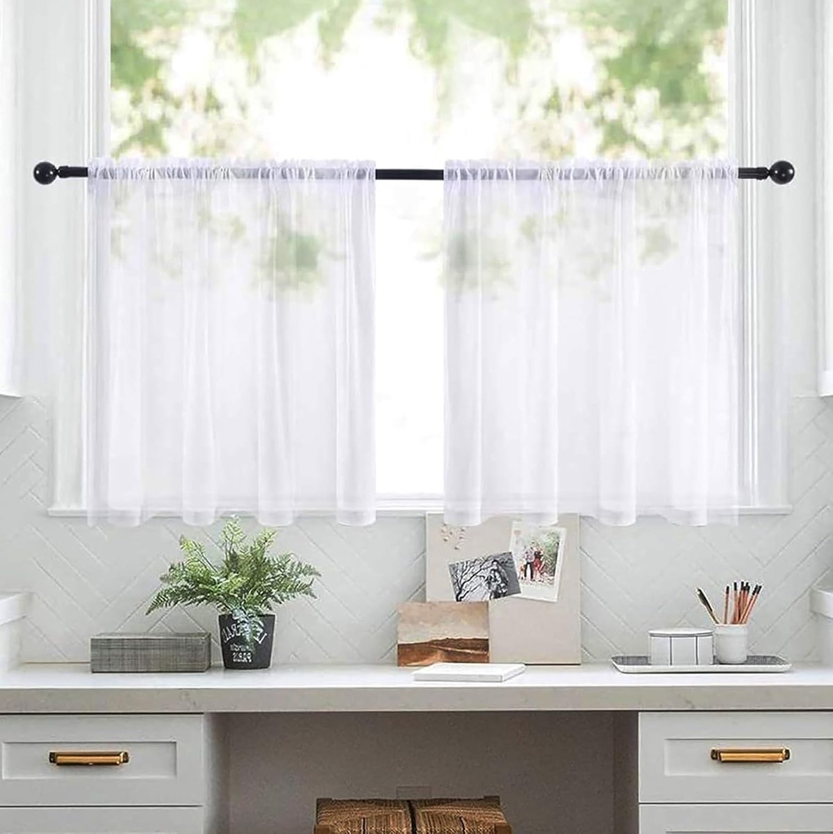 SnelShoppen - Sheer Gordijnen Semi-Transparant Witte Keukengordijnen voor Kleine Ramen 63.5x93.5cm - Ideaal voor Keuken, Woonkamer en Landhuis