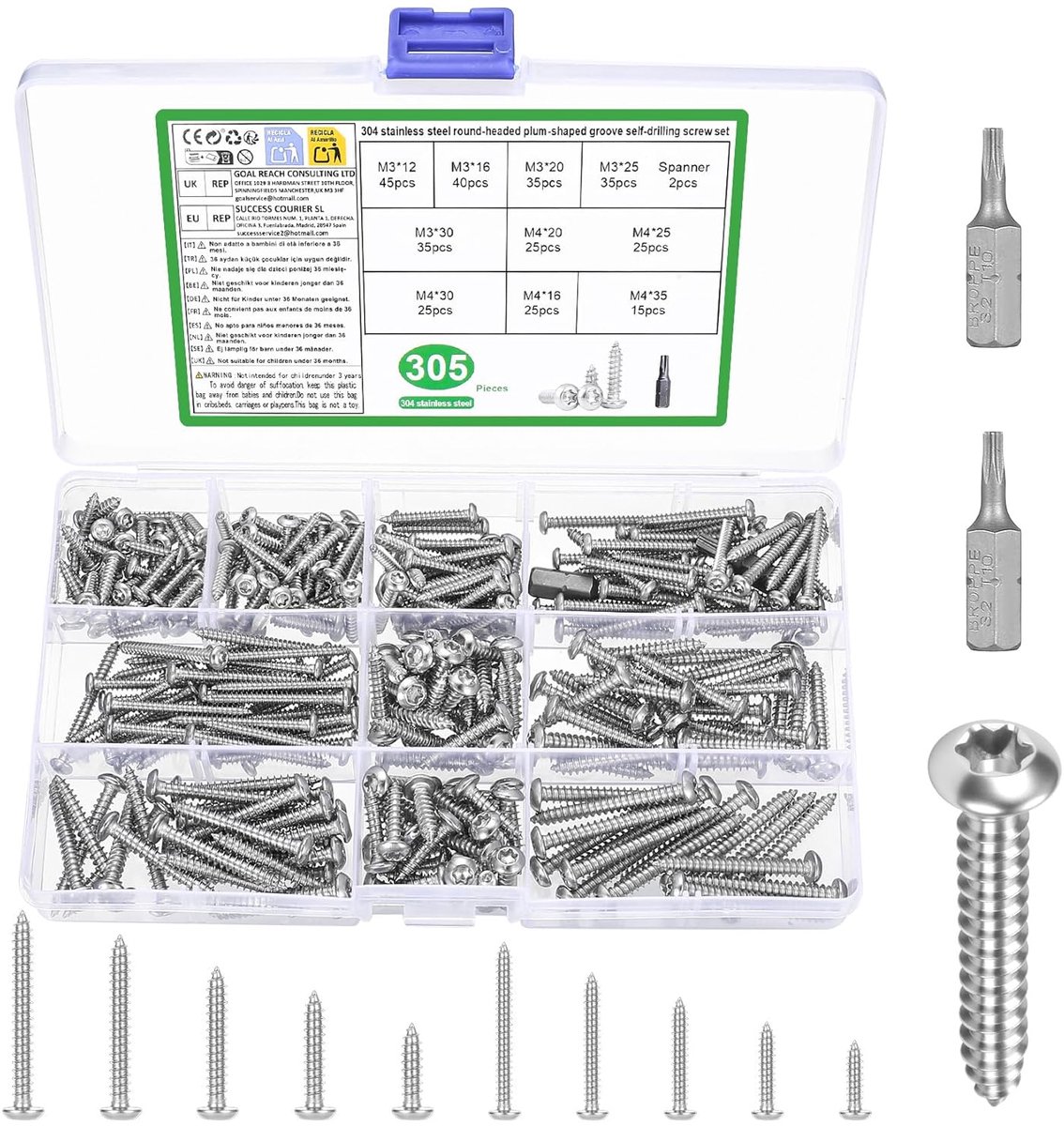 Torx Screws 305 Pieces Stainless Steel Wood Screws Chipboard Screws Round Head Screws Plate Screws Self Tapping Screws - ShopVlot
