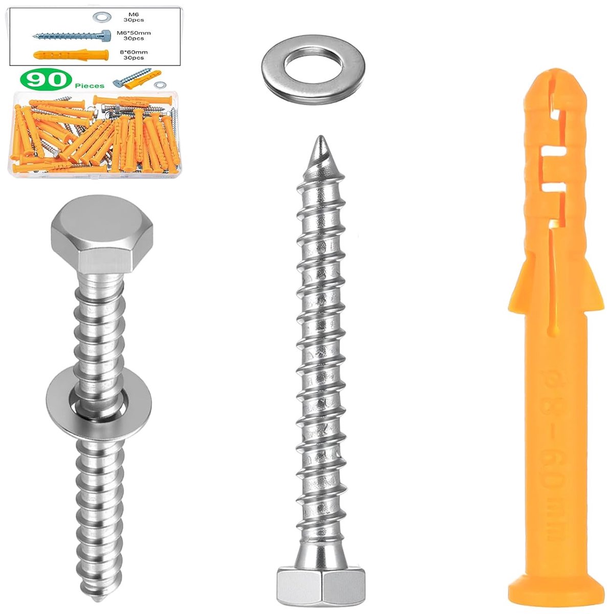 SnelShoppen - 30 Sets M8 x 60mm Stevige Dowel Schroeven, M6 x 50mm Hexaankopschroeven, Betonschroeven en Pluggen Set, Universele Plugs voor TV Beugels