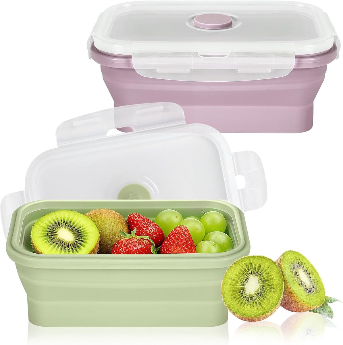 SnelShoppen - 2 Stuks Vouwbare Lunchbox, 550ML Vouwbare Dozen met Deksel, Bento Box, Siliconen Voedselcontainer Set, Magnetron & Vriezer (Groen, Roze)