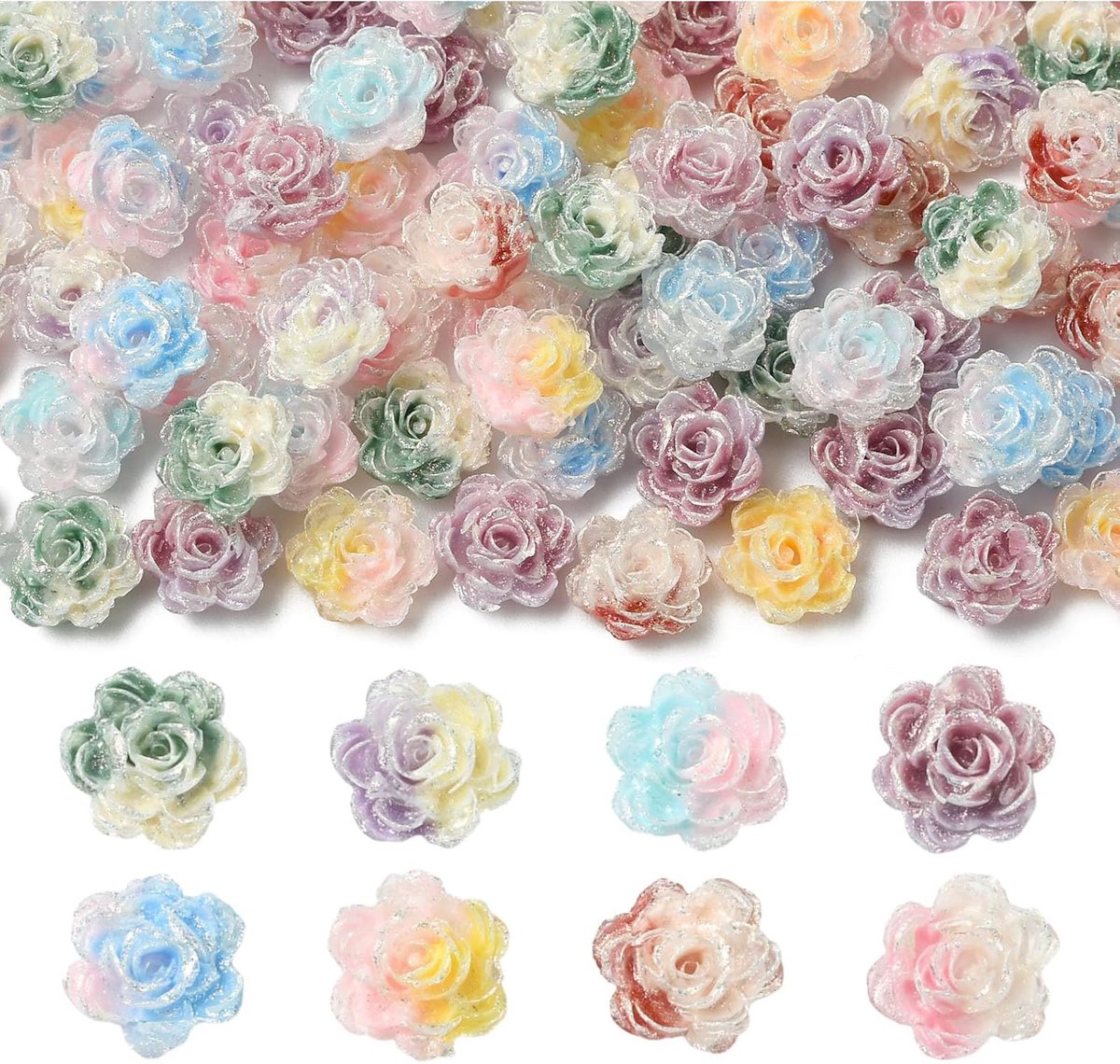Airssory 100 stuks gemengde kleuren tweekleurige roos bloem flatback plastic ornament cabochons bloem geen gat kralen - ShopVlot
