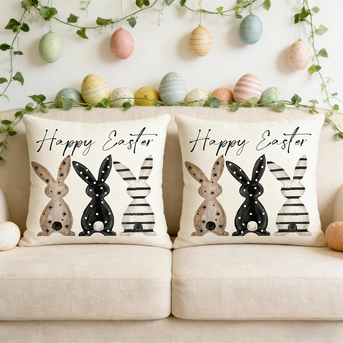 Set of 2 Easter Cushion Covers, 45 x 45 cm, Decorative Cushion Cover Bunny Modern Cushion Cover for Sofa, Living Room - ShopVlot
