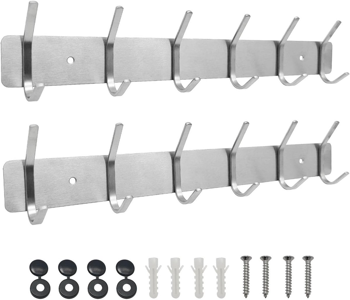 SnelShoppen - Wandhaakjes, Wand Kapstok RVS, 6 Haken, 2 Stuks, Zilver, Geschikt voor Badkamer, Hal, Keuken, Slaapkamer, Kleding, Multifunctioneel