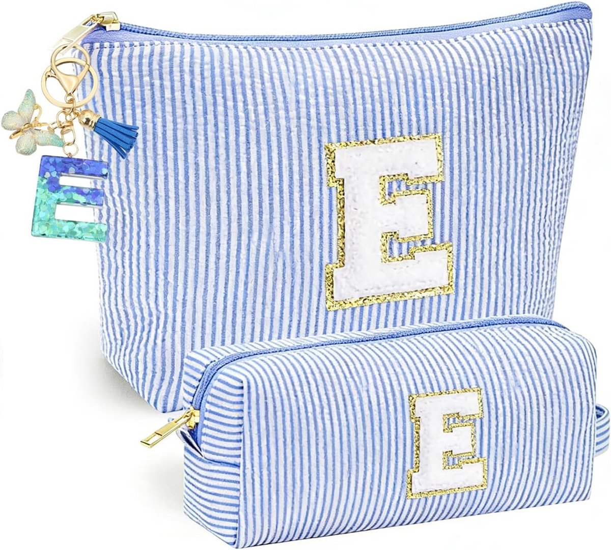 Persoonlijke Blauwe Make-up Tas met Sleutelhanger, Vlinder Kwastje en Initialen voor Vrouwen, Ideaal voor Reizen en Organisatie
