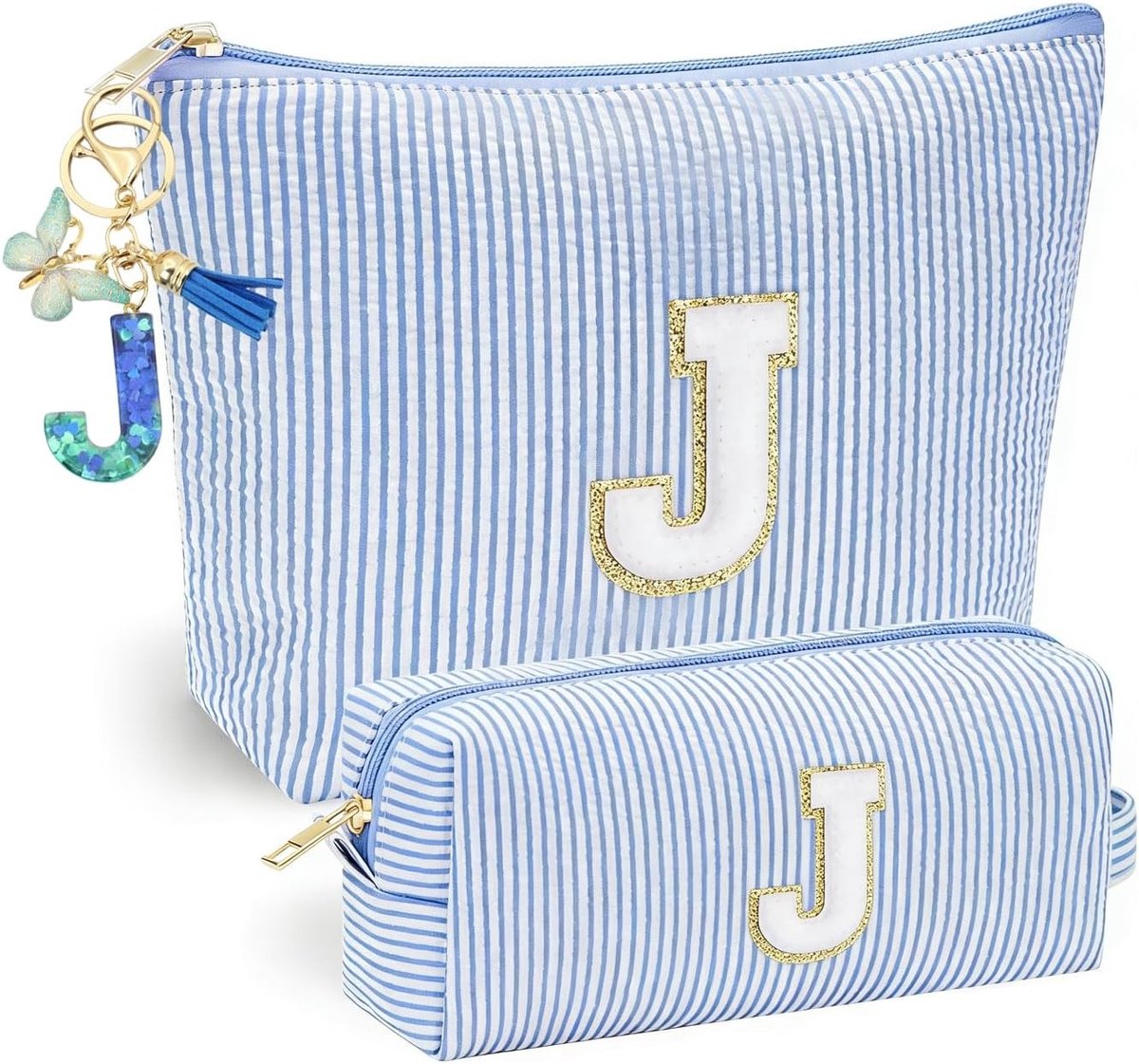 Persoonlijke Blauwe Make-up Tas met Sleutelhanger, Vlinder Kwast en Initialen voor Vrouwen, Perfect voor Reizen en Organisatie
