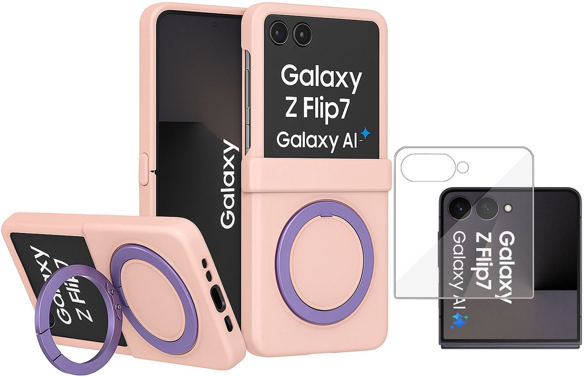 Hoesje met Ringhouder + Screenprotector geschikt voor Samsung Galaxy Z Flip 8 – Geschikt voor MagSafe – Draaibare Kickstand – Draadloos Opladen – Roze