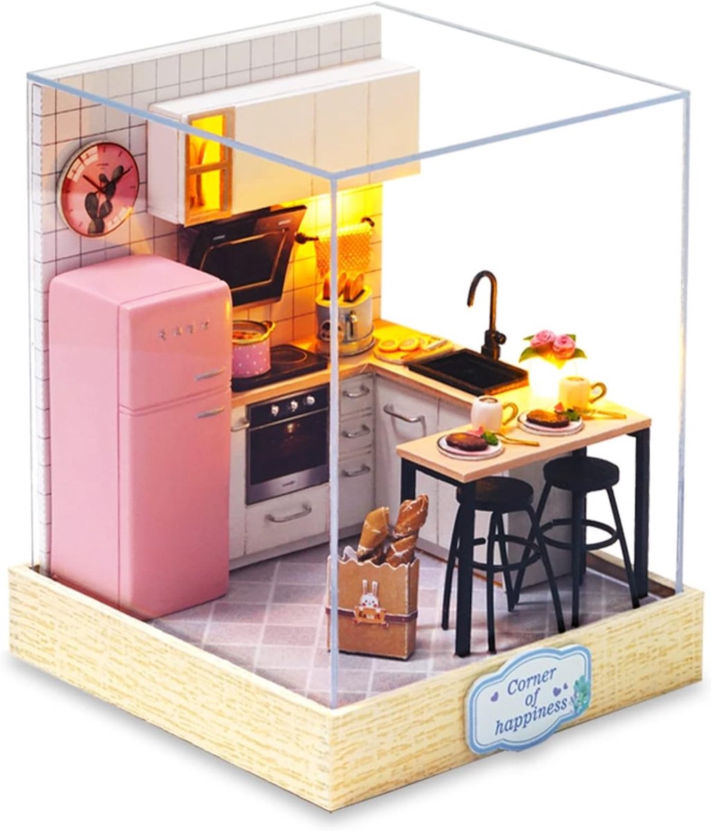 DIY Miniatuur Poppenhuis Set voor Beginners met Meubels en Stofkap, Creatieve Knutsel voor Volwassenen, Perfect Cadeau voor Verjaardag en Valentijnsdag (Keuken)