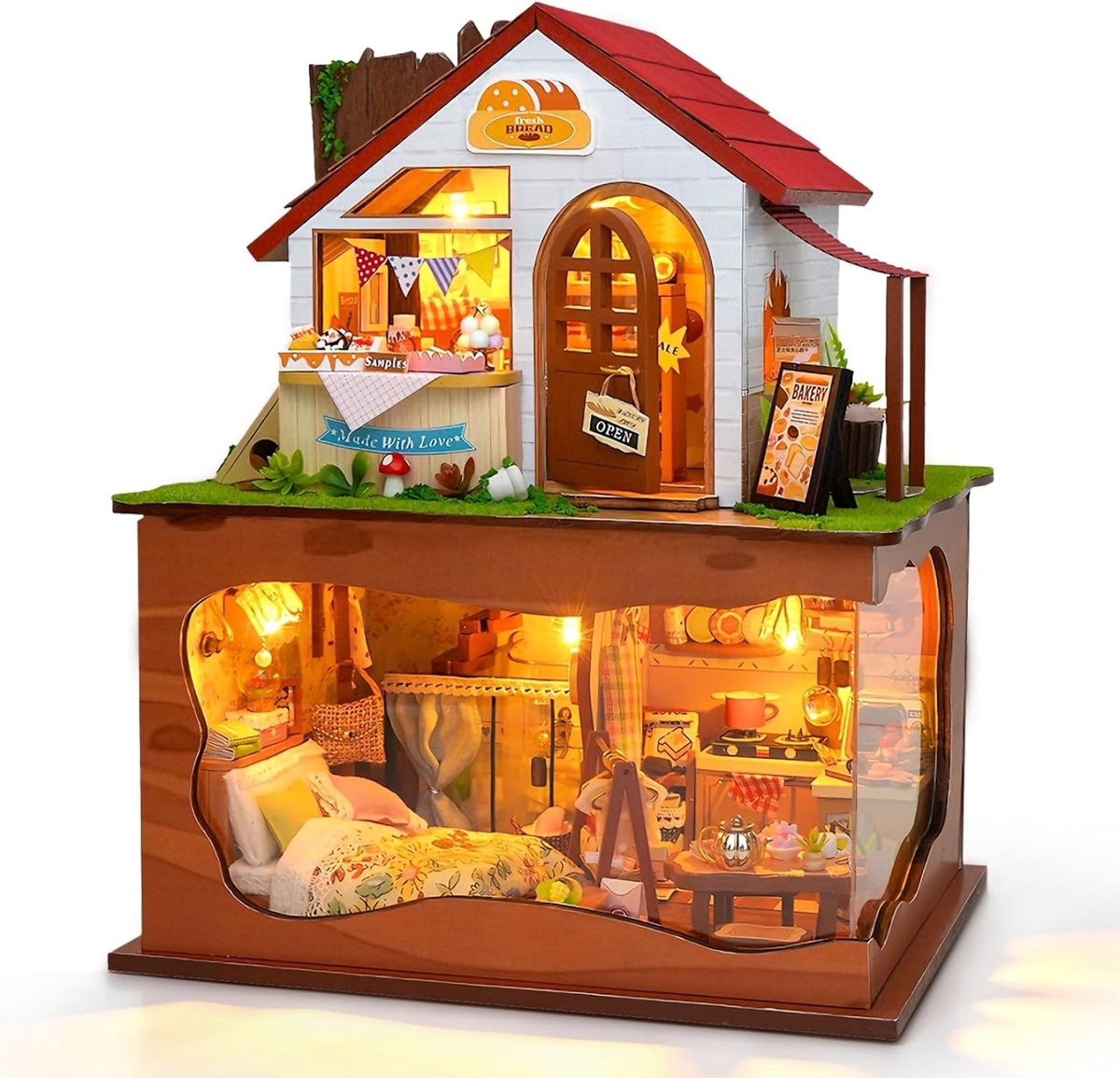 DIY Poppenhuis met Stofhoes en LED Verlichting - Creatieve Knutsel en Decoratie voor Verjaardag en Kerst (Bakery)