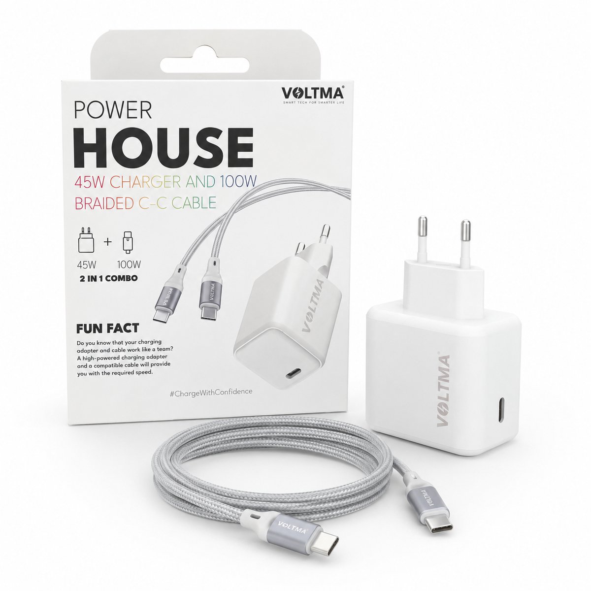 VOLTMA 45W USB-C Oplader met 100W USB-C naar USB-C Kabel – 2-in-1 GaN 45 Watt Snellader Set – 1,2 m 100 Watt Gevlochten Kabel – Voor iPhone, Samsung, iPad, MacBook en Meer