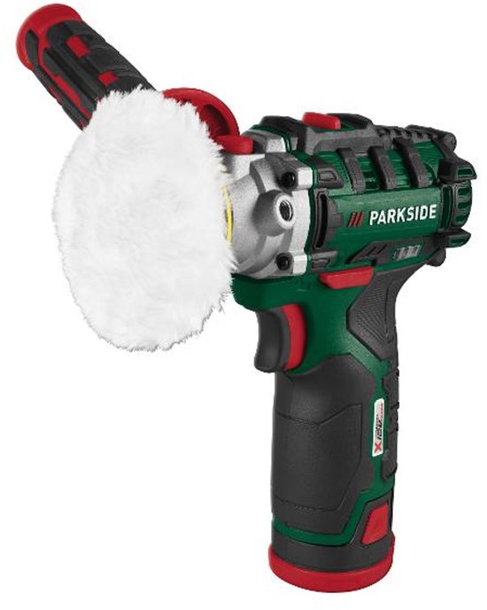 Parkside accu-polijstmachine met aan de zijkant een ronde, witte polijstpad bevestigd.