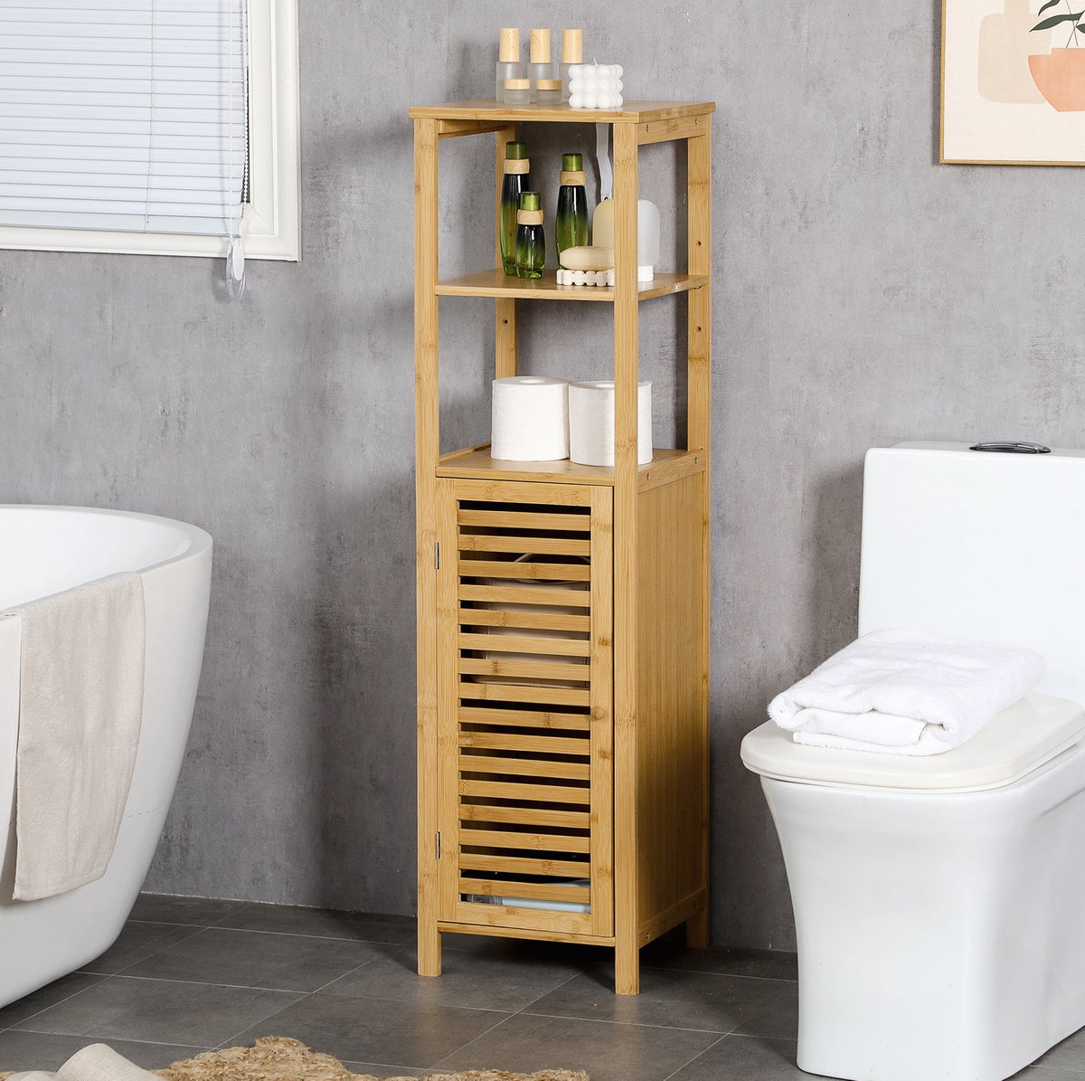 COVREO Badezimmerschrank 32,9 x 29,9 x 120 cm natural wood, bamboe met 2 vakken