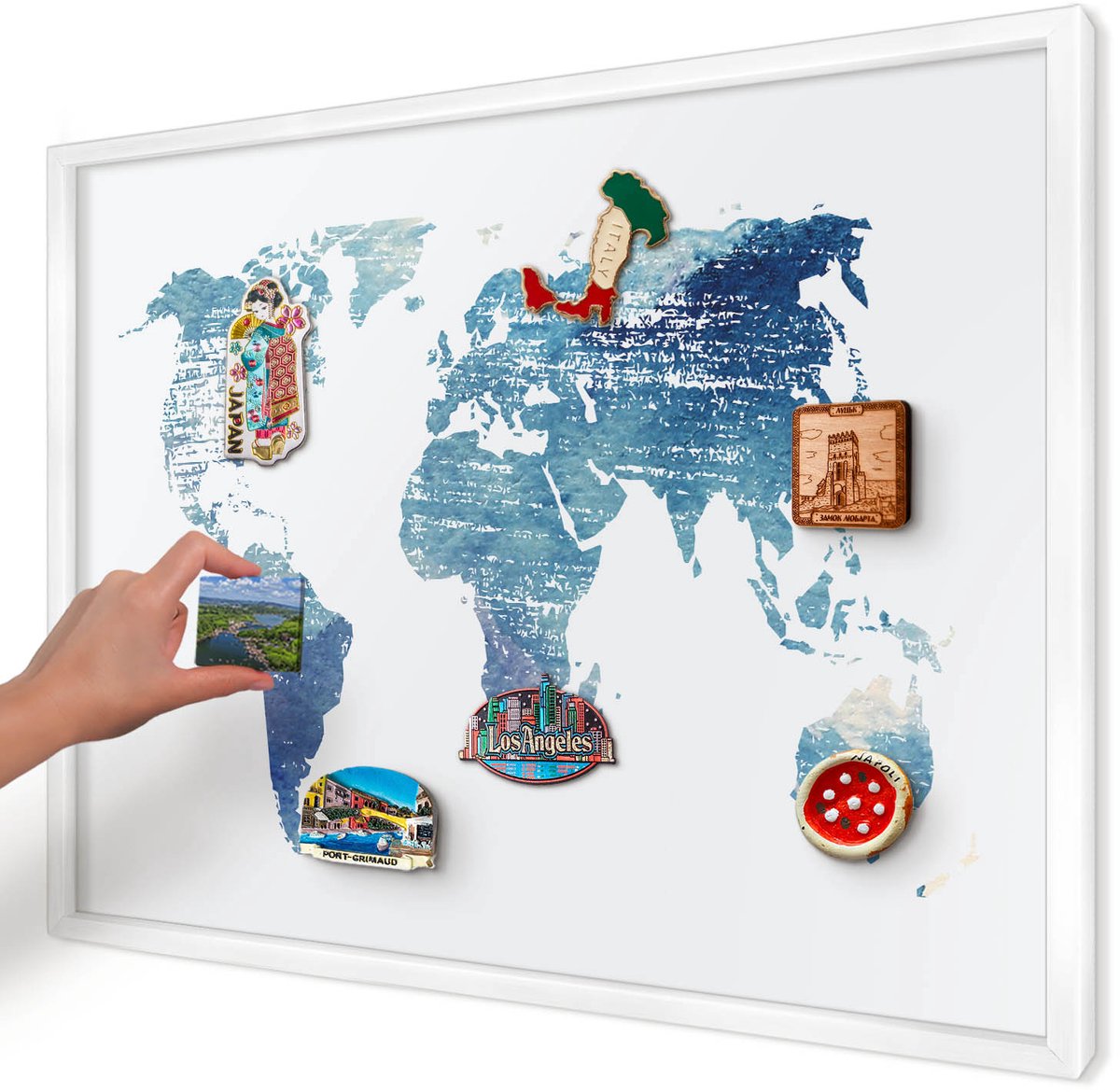 Artprintcave Wit Magneetbord mit Witte Lijst - 70x50 cm - Aquarelkaart Wandbord Magnetisch - Waterverf Magneetbord Voor Keuken - Kaarten