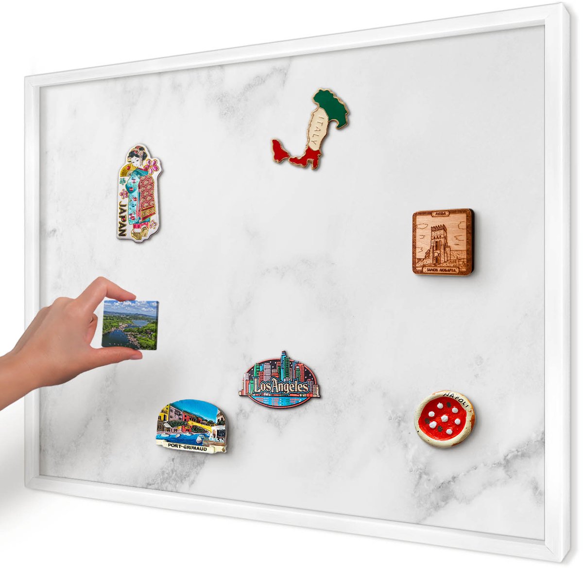 Artprintcave Wit Magneetbord mit Witte Lijst - 70x50 cm - Elegant Marmer Notitiebord - Minimalist Memobord Keuken - Texturen