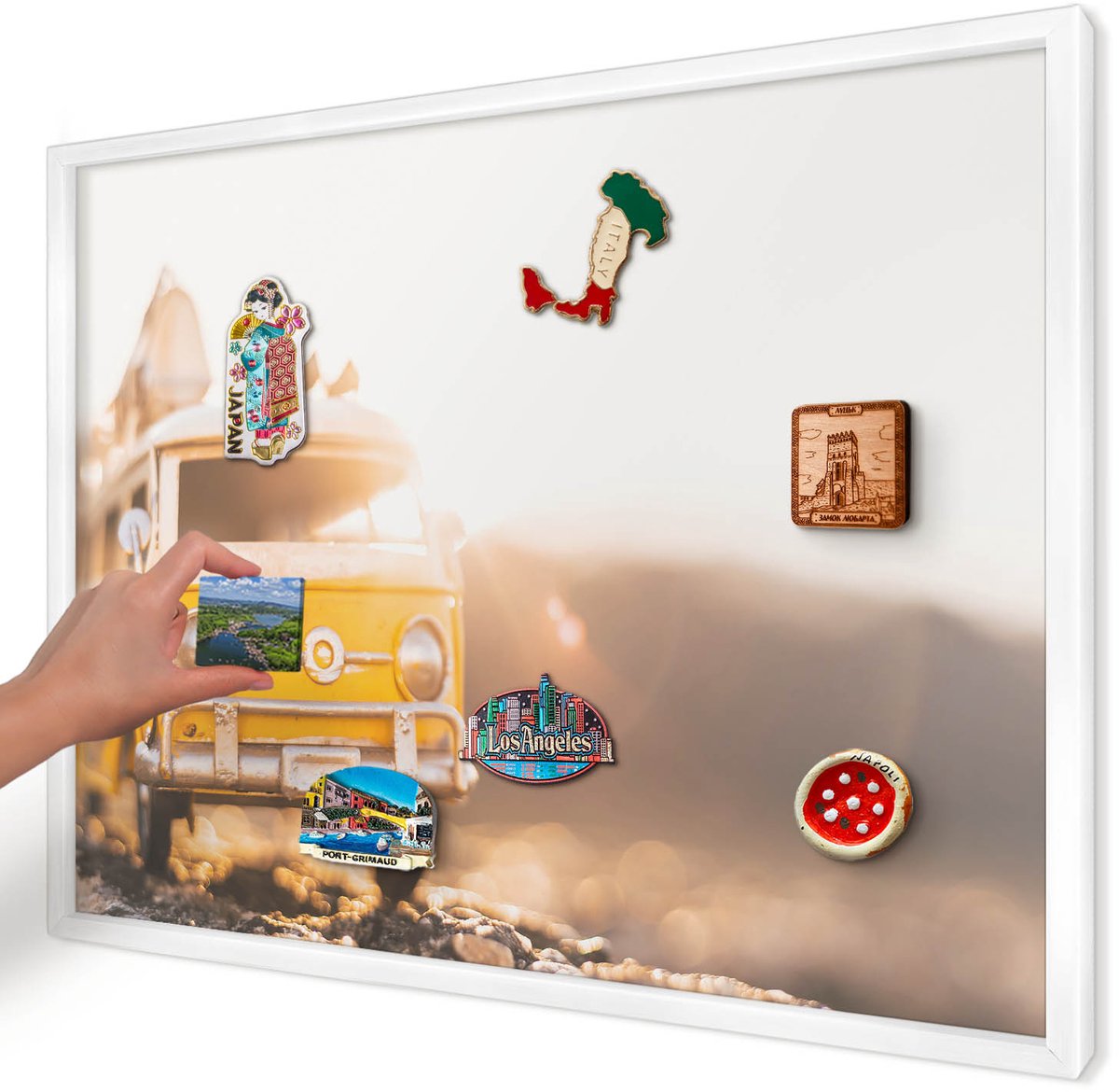 Artprintcave Geel Magneetbord mit Witte Lijst - 70x50 cm - Retro Reizen Memobord Keuken - Retro Bord Voor Magneten - Voertuigen