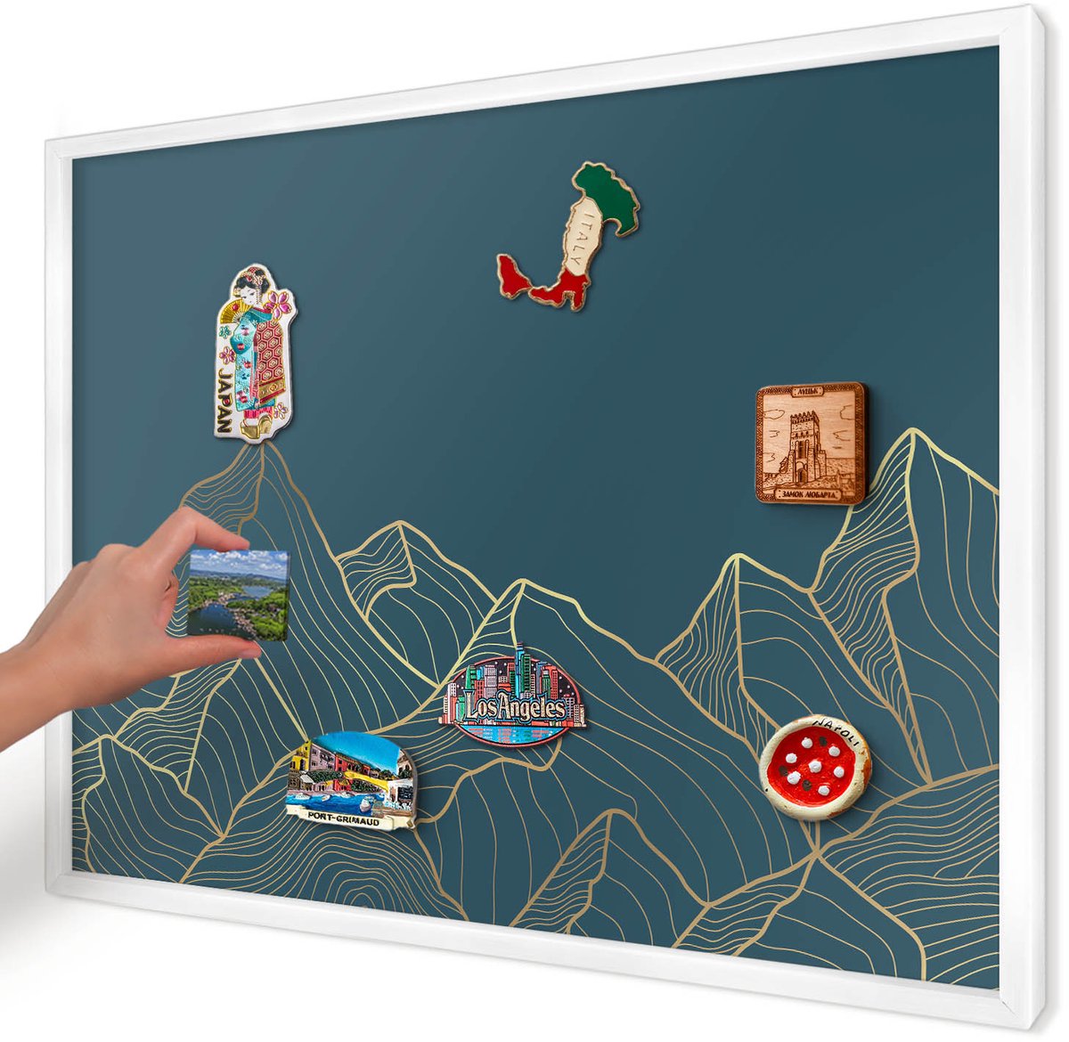 Artprintcave Blauw Magneetbord mit Witte Lijst - 70x50 cm - Bergminimalisme Notitiebord - Minimalist Magneetbord Voor Foto's - Landschappen
