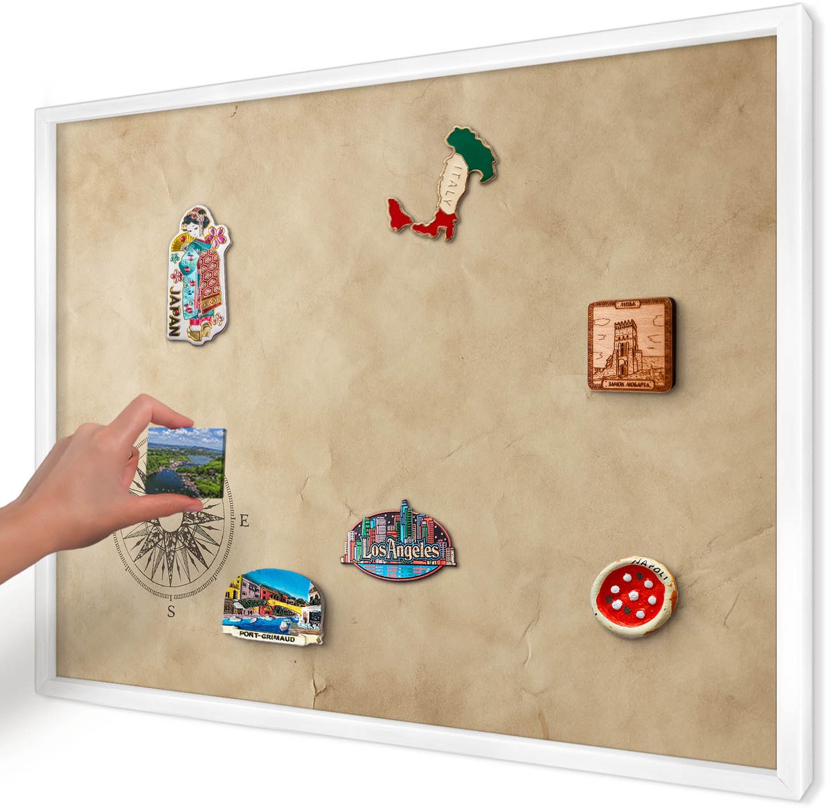 Artprintcave Beige Magneetbord mit Witte Lijst - 70x50 cm - Windroos Memobord Keuken - Vintage Magnetisch Bord - Achtergronden En Patronen