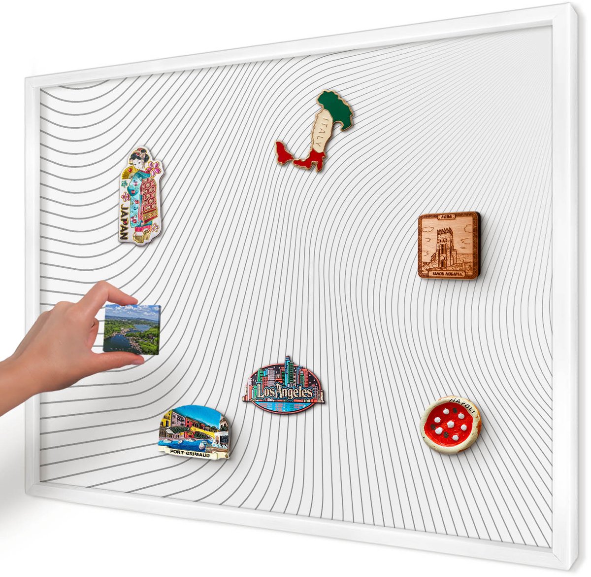 Artprintcave Wit Magneetbord mit Witte Lijst - 70x50 cm - Lijngolven Magneet Bord mit Frame - Minimalist Magneetbord Voor Foto's - Geometrie