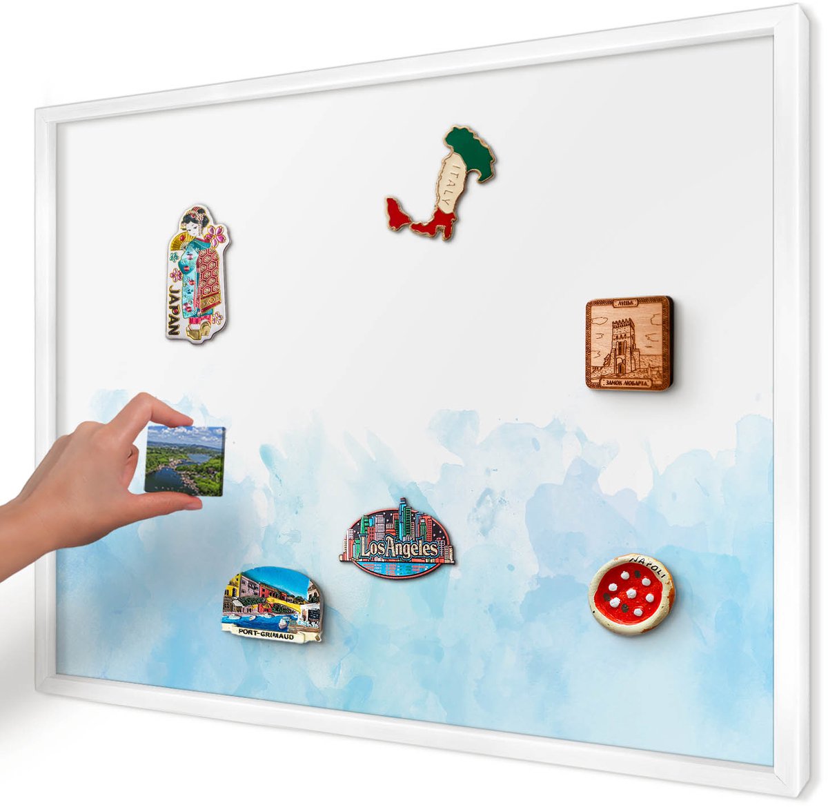 Artprintcave Blauw Magneetbord mit Witte Lijst - 70x50 cm - Rustgevend Landschap Bord Voor Magneten - Waterverf Magneet Bord mit Frame - Abstractie