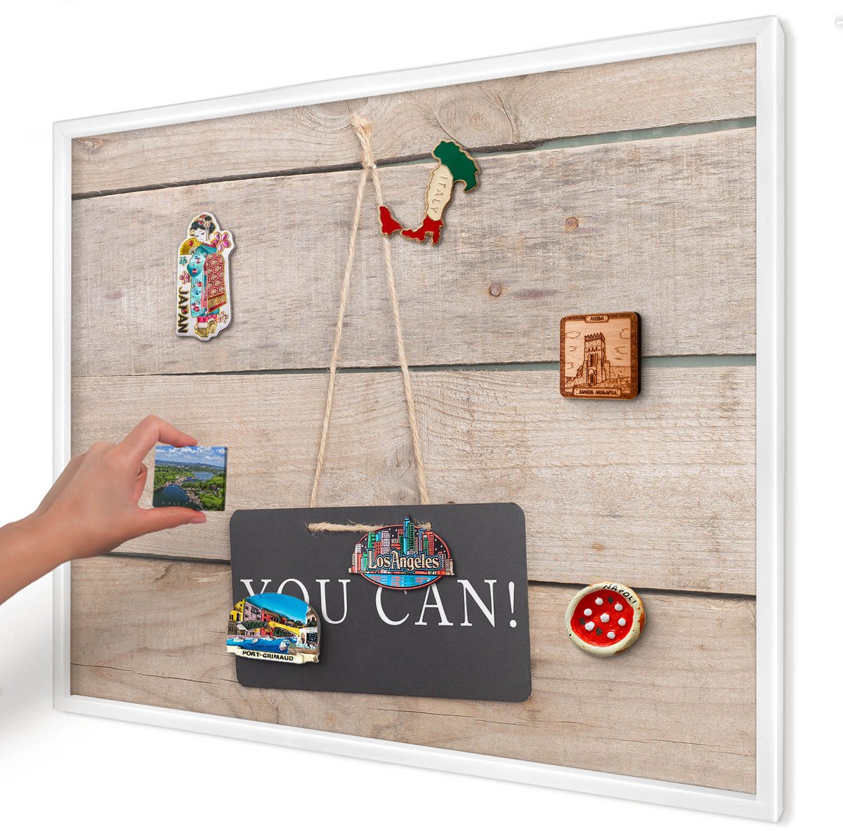 Artprintcave Beige Magneetbord mit Witte Lijst - 80x60 cm - Motivatie Elke Dag Magneetbord Voor Foto's - Rustiek Memobord Keuken - Teksten
