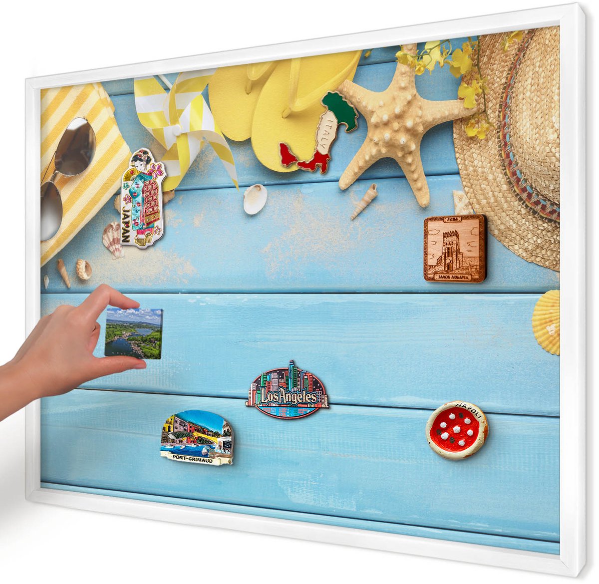 Artprintcave Blauw Magneetbord mit Witte Lijst - 70x50 cm - Strandsfeer Magnetisch Bord Voor Magneten - Boho Magneet Bord mit Frame - Reis