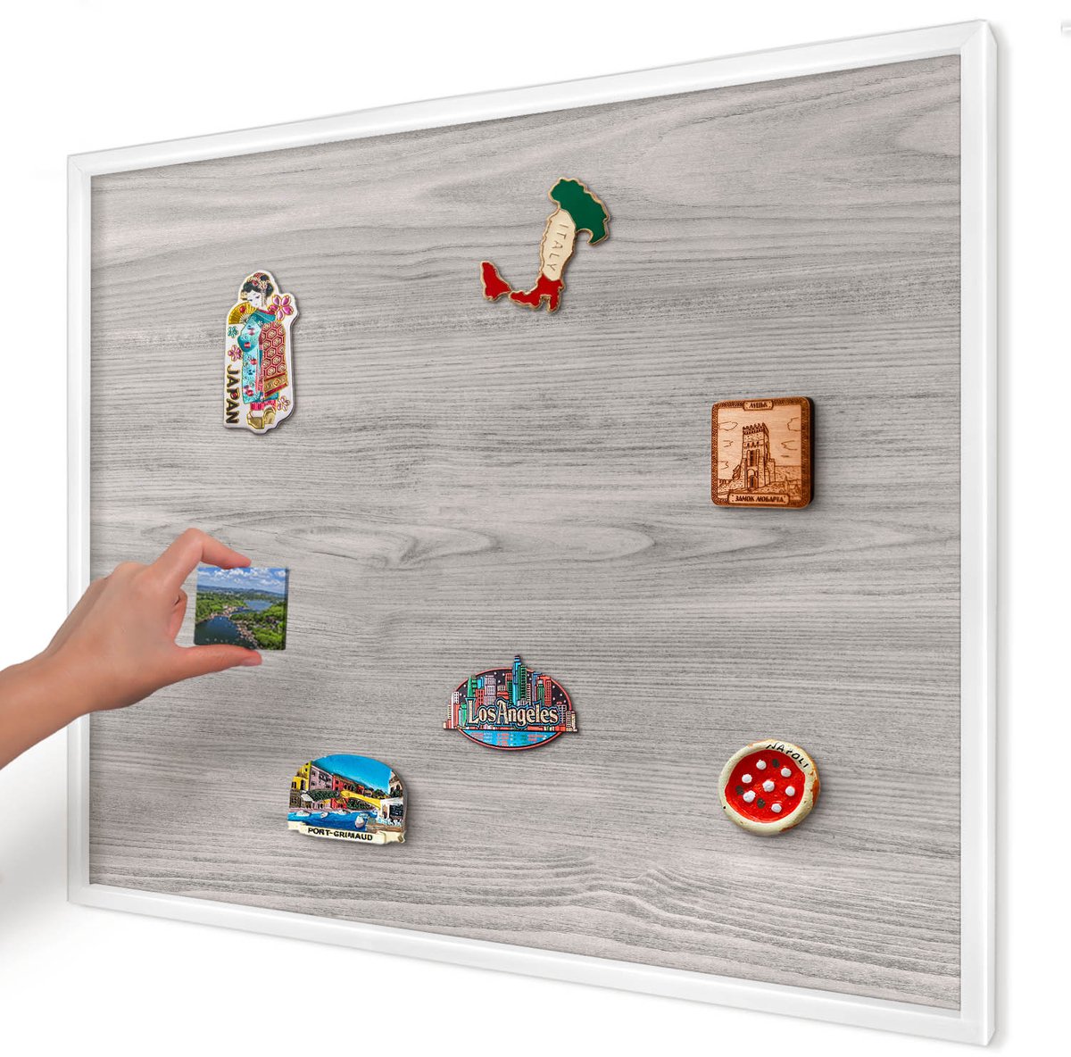 Artprintcave Grijs Magneetbord mit Witte Lijst - 80x60 cm - Houtstructuur Wandbord Magnetisch - Minimalist Magneetbord Voor Foto's - Texturen